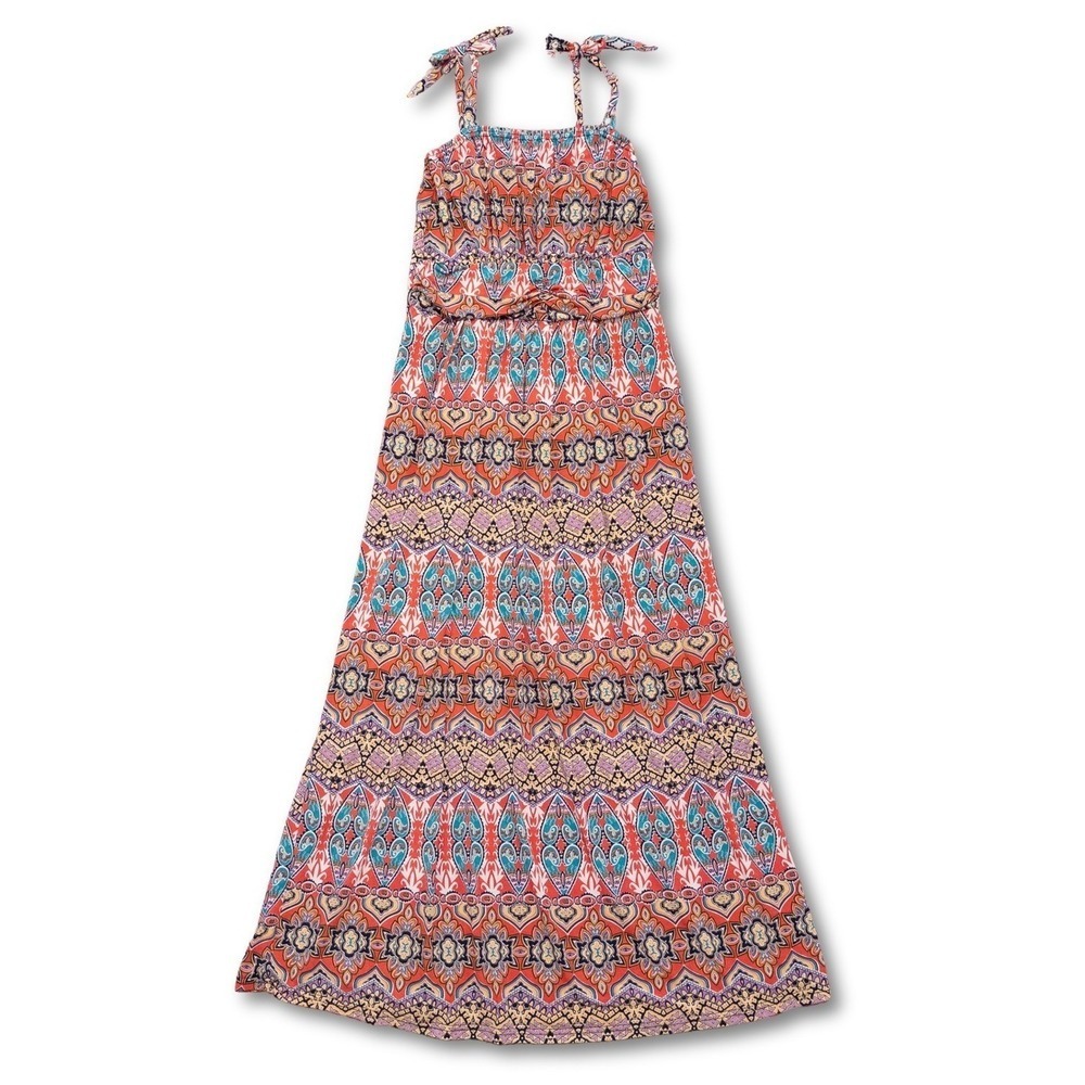 WinWin Pleated Maxi Dress Womens L-XL Sleeveless Orange Paisley Boho Tie Strap